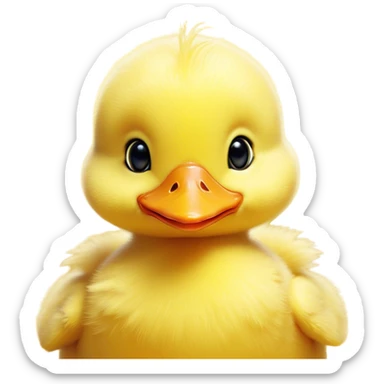 Cinematic Cute Yellow Baby Duck Portrait Emoji, Head tilted playfully and inquisitively, featuring a fluffy, vibrant yellow downy coat with a tiny delicate beak, round, sparkling eyes filled with curiosity, Simplified yet irresistibly adorable features, highly detailed, glowing with a warm, friendly glow, high shine, affectionate and spirited, stylized with a touch of playful whimsy, bright and endearing, soft glowing outline, capturing the essence of a mischievous yet loving duckling, so playful it feels like it could peep out of the screen and into your arms! sticker