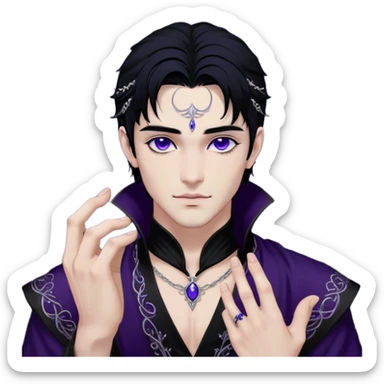 A strikingly handsome High Fae male with midnight-black hair, piercing violet eyes that glow under the moonlight. His lips curve into a knowing smirk, revealing a dangerous charm. He wears an elegant black tunic with silver embroidery, the fabric flowing like liquid shadow. A silver ring glints on his long fingers, and faint wisps of darkness swirl around his shoulders like living mist sticker