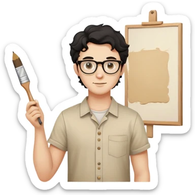 Young caucasian man with black wavy hair, round glasses, beige painting shirt, holding a square paintbrush sticker