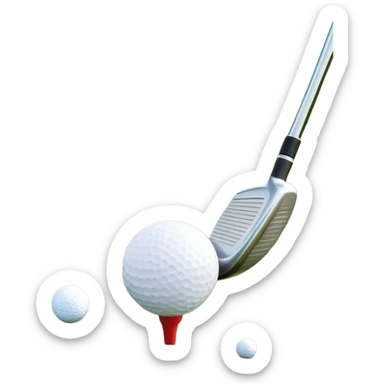 A golf ball on a tee with a golf club placed beside it, set against the backdrop of a well-manicured green golf course. The scene emphasizes the equipment and serene atmosphere of the sport, with soft lighting and a peaceful, open landscape sticker