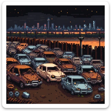 Pixel art junkyard at night, crushed cars, rusty metal, broken fence, flickering light, city lights far in the background, vertical 9:16 scene, side-view camera, retro arcade fighting stage
 sticker