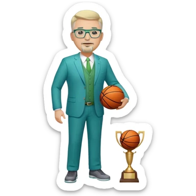 Full Body white middle aged male plus size wearing glasses with a goatee with light blonde and gray very short hair basketball head Coach in blue and green suit holding trophy sticker