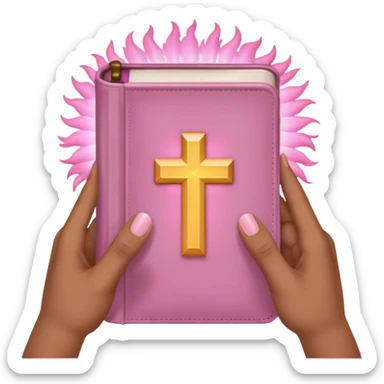 emoji hands holding a monochromatic pastel pink glowing bible sticker