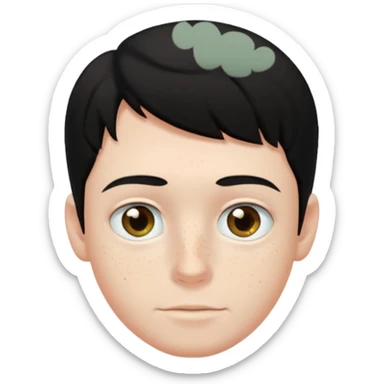 A boy with dark black hair and hazel green and brown eyes and white skin , with freckles and black t shirt  sticker