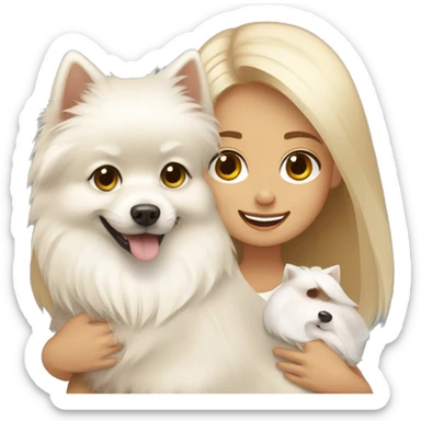 Blond girl hugging white Pomeranian and brown Pomeranian  sticker