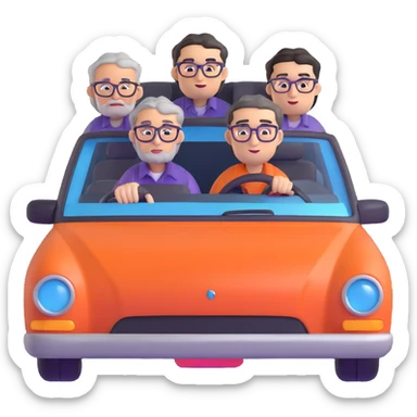 orange car front view with three people inside: driver man with purple shirt, stubble, round face; front seat man with gray hair, glasses, checkered shirt, round face; back seat man with black hair, glasses, black t-shirt, sharp face sticker