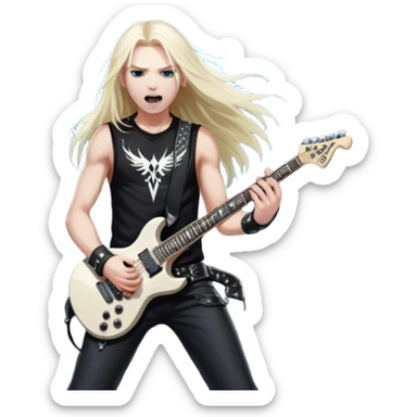 Icon for Heavy Metal: a metal band on stage, with electric guitars, drums, and a powerful vocalist. The atmosphere is intense with flashing lights, music notes, and a crowd of fans. The design should capture the energy and power of a live heavy metal performance. Transparent background. sticker