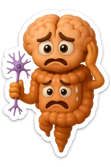 EMOJI STILE IPHONE DI UN INTESTINO collegato verticalmente ad un cervello mentre tiene in mano un neurone, espressione stressata, IPERREALISTICO 4K sticker