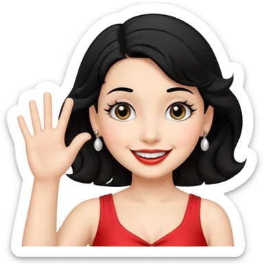 Do not change the face I already created, I want her with Betty boop face and black hair saying happy hello waving her hand sticker