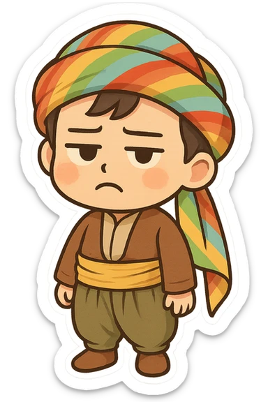 Cartoon sticker of a Kurdish child wearing traditional Kurdish child clothing, colorful and cheerful style. The face should have a bored and frowning expression similar to the 😒 emoji. No text, suitable for WhatsApp and Instagram, with a transparent background. sticker