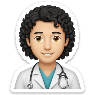 a young male doctor with black long curly hair and cheerful face without gpasses sticker