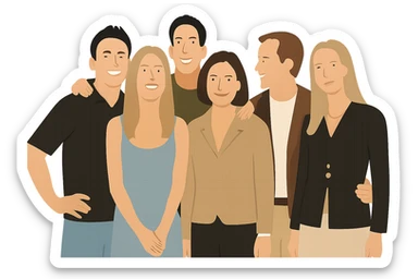 Transform only the clothing of the people in the image into minimalist and contemporary vector versions. Keep the general type and shape of each piece, but use simple, smooth, and stylized shapes without seams, folds, textures, highlights, or shadows. Use flat solid color blocks with soft earthy tones (light blue, olive green, beige, brown, white, black). Simplify patterns into flat shapes. Structured clothes have straight cuts; loose clothes have rounded lines. Preserve the original body, face, and poses, changing only the visual style of the clothes to a clean, youthful, and elegant aesthetic without gradients. sticker