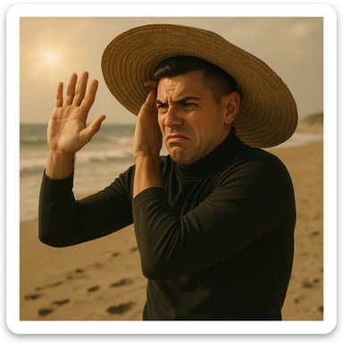 Create a symbolic 4k realistic scene outdoors on a beach showing a man with a large hat and worried expression, shielding himself from natural, warm sunlight. The man looks tense and defensive, as if trying to protect himself from the sun. Use muted colors and expressive body language, symbolizing misunderstanding about sunlight and health. Use the reference image for facial features and general appearance. sticker