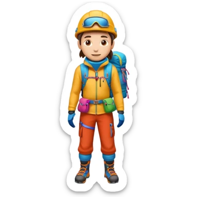 A 3D cartoon mountaineer standing on a snowy Everest-like summit with a flag, wearing colorful climbing gear, soft lighting, Memoji-style.negative : Flag sticker