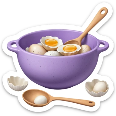 a lilac ceramic mixing bowl with a wooden spoon stirring and sitting next to it is a few eggs sticker