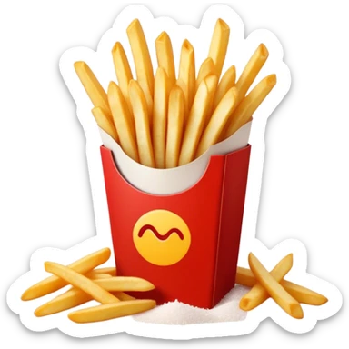 Cinematic crispy golden French fries, piled high, sprinkled with salt, served in a red carton, warm and inviting, rich golden hues, perfectly crunchy and delicious. sticker