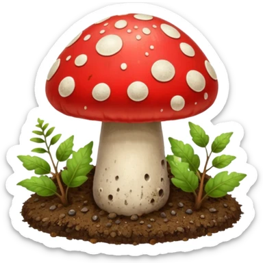 red magic mushroom wiht dirt sticker