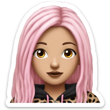 Hyperrealistic white girl with long black hair with a pink fringe and has eye makeup on, she is wearing a black and leopard print hoodie  sticker
