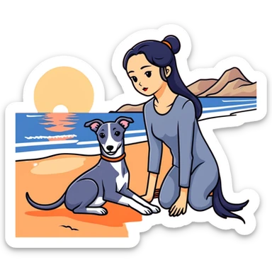 A very beautiful and attractive 25-year-old Chinese woman with long flowing black hair and a SOLID DARK GREY whippet sitting together on a beach during a beautiful sunset. The whippet MUST be COMPLETELY SOLID DARK GREY with ABSOLUTELY NO WHITE MARKINGS ANYWHERE - no white chest, no white face, no white paws, no white tip on tail - ENTIRELY ONE SOLID DARK GREY COLOR throughout the entire dog. Orange and red sunset sky over the ocean, sandy beach in the foreground. sticker