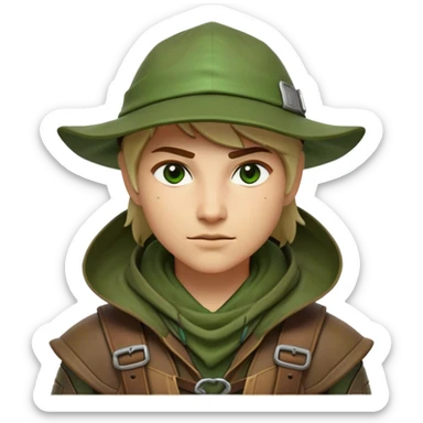 Clash of Clans aesthetic friendly Ranger Portrait Emoji, With a lean, agile build clad in earth-toned leather and green accents, a keen, focused gaze and a weathered hood shadowing determined eyes, his face rendered in a natural skin tone (not yellow), Simplified yet sharply defined features, highly detailed, glowing with a soft, natural woodland radiance, high shine, intelligent and resolute, stylized with an air of forest guardian authority, focused and alert, soft glowing outline, capturing the essence of a confident ranger ready to defend the wild with stealth and valor! sticker