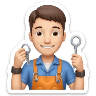 locksmith portrait, head and shoulders only, wearing work apron collar, holding a key near face, friendly confident smile, tool belt strap visible, 3D cartoon, mobile game icon style, clean background, no text, no watermark

 sticker