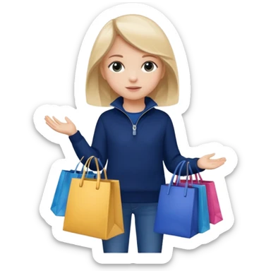 A little girl (he usually calls her baby), who is obsessed with shopping and luxury brands and holds a dozen of bags, she wears navy blue half zip sweater and holds 10 bags sticker