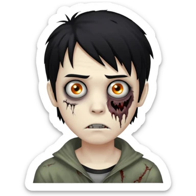 creepy boy zombie, medium-length black hair, emo and unkempt, haunting expression sticker