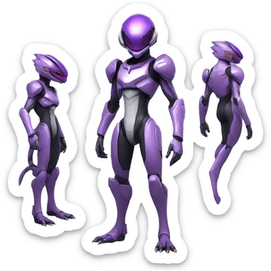 A Reptile-Raptor-Genesect-Mewtwo-Fakémon, with a futuristic visor-helmet, wearing a techwear-suit Full Body sticker