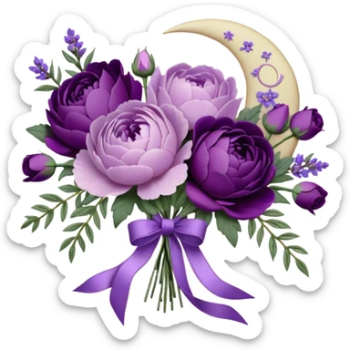 A vintage bouquet of lavender-hued peonies, deep violet roses, and soft lilac pansies, tied together with a silk ribbon in shades of plum and amethyst, rests beneath the glow of a crescent moon. Scattered around are tiny embroidered hearts on a delicate lace handkerchief, while the scent of dried lavender lingers in the cool evening air. sticker