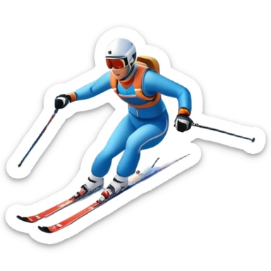An icon featuring snowy peaks, pine trees, and a picturesque mountain landscape with a skier racing down a snow-covered slope, The sky is blue with soft clouds, capturing the thrill and beauty of alpine skiing. Transparent background highlights the excitement and serenity of winter sports. sticker
