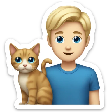 Boy with blonde hair holding blue eyes brown cat sticker