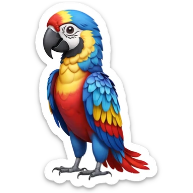 cinematic-macaw-realistic-full-body-standing-emoji,-vibrant-feathers-glowing-with-rich-reds,-blues,-and-yellows,-head-tilted-dramatically,-curved-black-beak-gleaming,-piercing-dark-eyes-exuding-confidence,-simplified-yet-realistic-focused sticker
