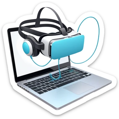 VR headset connected by a wire to a laptop. On the laptop screen, a VR/AR modeling soft is open. Floating 3D models or virtual objects. Modern, tech-inspired colors. No emojis or smiley faces. Transparent background. sticker