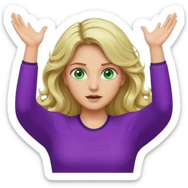 lady with long blonde wavy hair, green eyes and purple top top throwing arms in the as if confused sticker