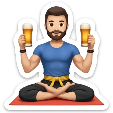 slavic muscled guy with dark brown hair and beard, sitting in yoga pose on a mat, kung fu clothes, long and volume dark hair, holding beer mugs in two hands, sitting sticker