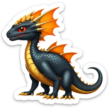 Magmatic fiery badass cool obsidian-Black and golden-orange Helioptile-Amaura-Salamence-Fakémon-hybrid-creature (full body)  sticker