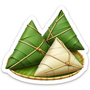 Dragon Boat Festival rice dumplings Zongzi wrapped in bamboo leaves, simplified emoji style with bold outlines and bright colors, cartoon style traditional pyramid-shaped food sticker