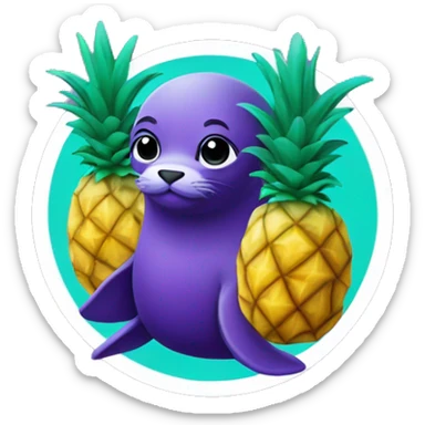 purple-colored seal holding teal-colored pineapple sticker