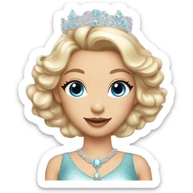 Gorgeous pastel Lady with blue eyes in a sparkly shiny dress with tiara and necklace and flowers behind her and trending  sticker