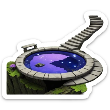 Crashed Alien saucer pool-saucerhouse jungle winding staircase lakeside mountainside-island getaway haunted nighttime landscape antique mudman very old broken cracked intricate Stone Age lapis-crusted irregular dodecagon-shaped shallow dark moss rough bark violet flowered maple tree bonsai sticker
