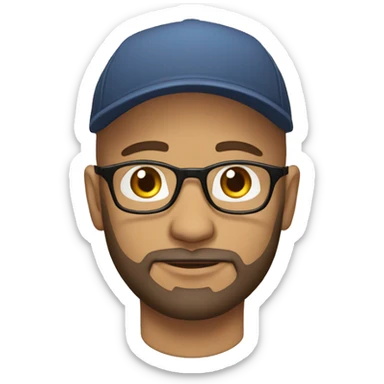 Bald 35 year old man with beard, round brown glasses, cap on backways sticker