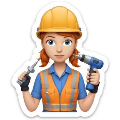 A ginger haired girl blue eyes, handyman Outfit, wearing a Helmet, with drill sticker