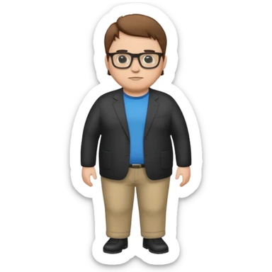 Create a fat emoji full body white man with brown hair and black glasses sticker