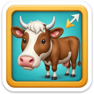 A simple emoji icon showing a cow and buffalo inside an upload frame with an upward arrow, indicating image upload for breed detection. Flat modern emoji design, soft shadows, teal and white theme, readable at small sizes, centered, no text. sticker