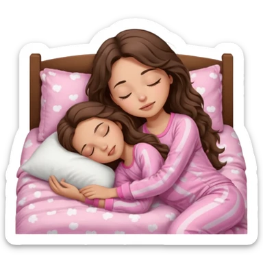 Brunette girl with long wavy brown hair with brown eyes and sleeping on a withe bed with cute pink pjs (just one girl) and with closed eyes sticker