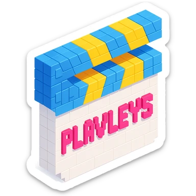 voxel style movie clapperboard, white body, blue and yellow lid, pink text 'PLAVLEYS', isometric view sticker