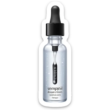 Slim clear dropper bottle with white cap and minimal black text label. Floating above a silver ripple, with icy shimmer rings pulsing outward. Surrounded by tiny frozen sparkles and wrinkle-smoothing energy beams. Looks like a precision anti-aging serum potion — sharp, cold, and potent. sticker