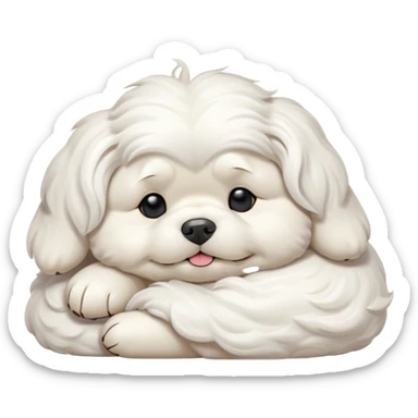 Cinematic Meme-Worthy Chubby Sleeping Wavy-Haired Maltese Dog Portrait Emoji, Head resting peacefully with a contented smile, featuring a delightfully chubby build and a luxuriously soft, wavy-haired white coat, eyes shut in a serene nap, Simplified yet hilariously adorable features, highly detailed, glowing with a soft, drowsy light, high shine, relaxed and utterly lovable, stylized with an air of playful laziness, bright and endearing, soft glowing outline, capturing the essence of a comically sleepy companion, so meme-worthy it feels like it could instantly become the next viral sensation of adorable slumber! sticker