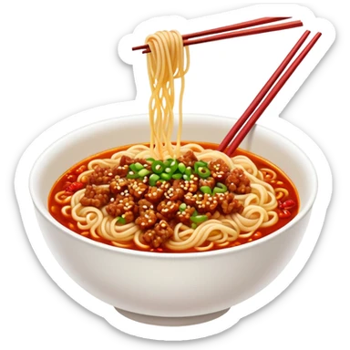 Sichuan Dan Dan Noodles with red chili oil and minced pork, simplified emoji style with bold outlines and bright colors, cartoon style spicy Chengdu street food sticker