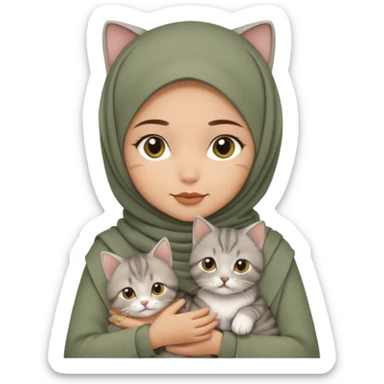 Olive tone hijabi girl holding grey tabby British shorthair, mum and kitten cat sticker